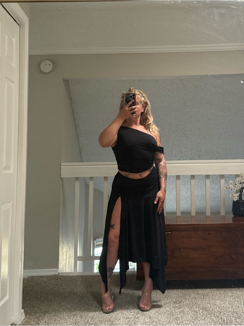 SHEIN Black One-Shoulder Crop Top and High-Slit Skirt Set